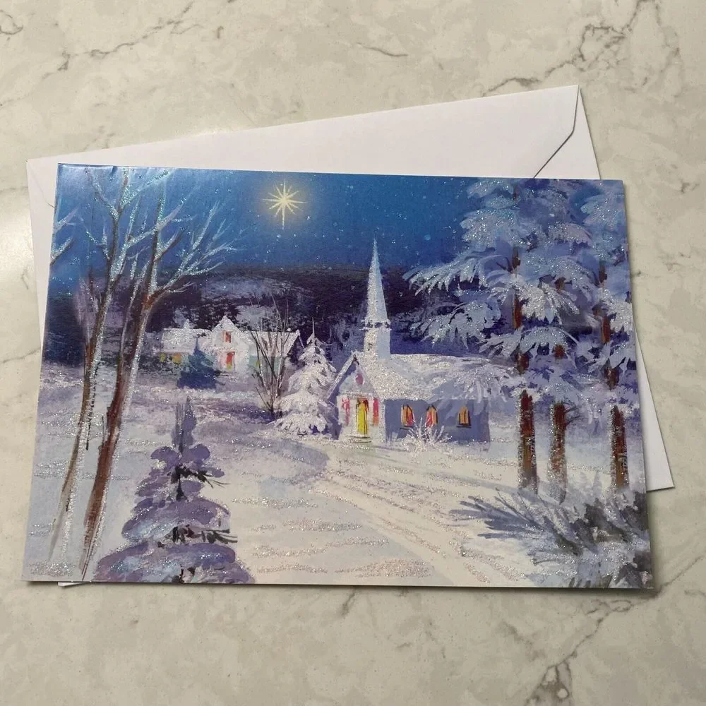 Image Arts Peaceful Winter Night Church Holiday Festive Christmas Greeting Card‎